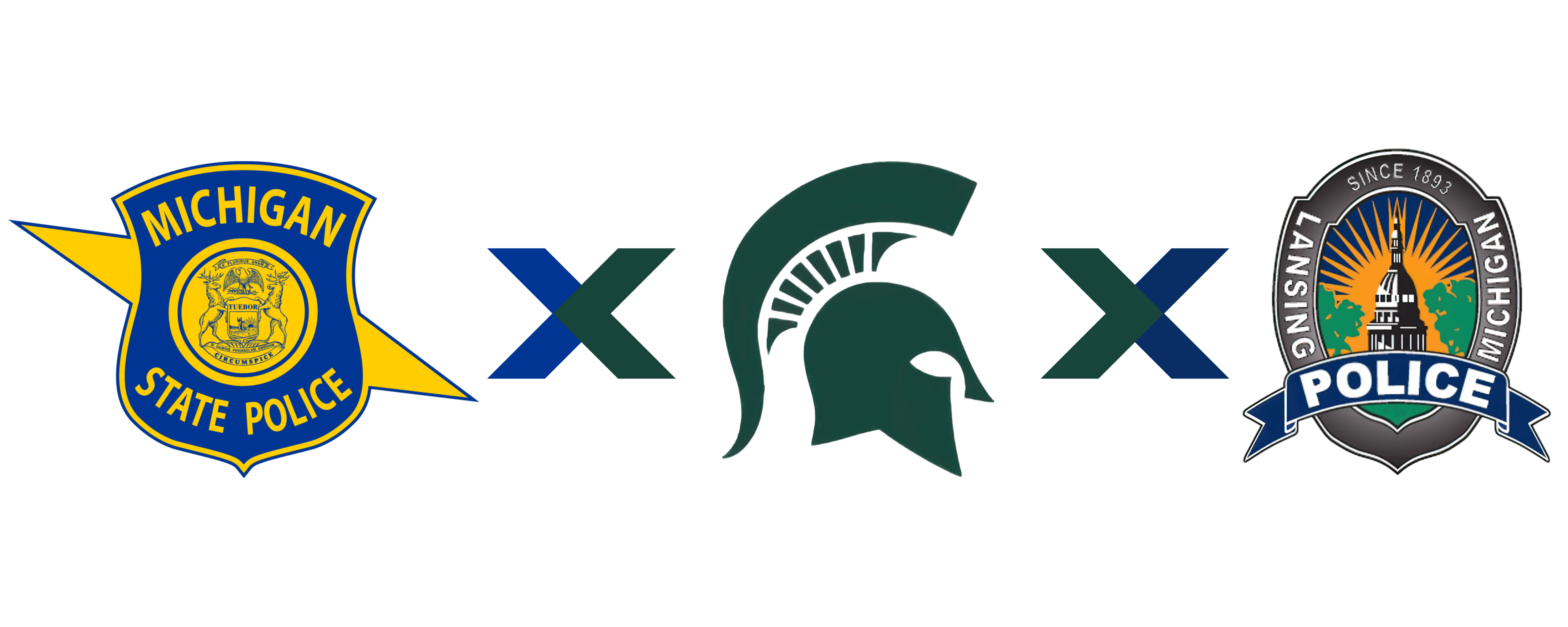 Photo of the Michigan State Police Logo, Michigan State University Spartan Helmet, and the Lansing Police Department Logo